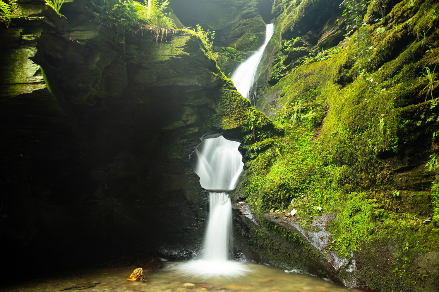 waterfall with green moss and foliage